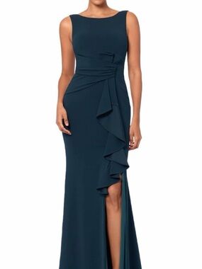 Betsy and Adam Sleeveless Green Ruffle Gown